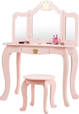 FANTASK Coiffeuse en Bois pour Enfant Fille avec Tabouret Rose - Table pour Enfant avec tiroir et Miroir Amovible