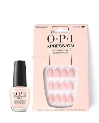 OPI xPRESS/ON Press On Nails & Cuticle Oil, 30 Pcs Reusable False Nails with up to 14 Days of Wear, Deeply Nourishing Cuticle Oil, Gel-Like Salon Manicure, Vegan, Bubble Bath Nude Nail Polish