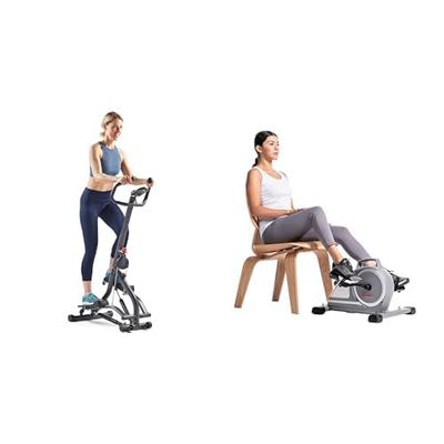 Sunny Health & Fitness Stair Stepper w/Handlebar, Extended Step Range Machine for Climbing Exercise + Magnetic Under Desk Mini Exercise Cycle Bike, Dual Function Pedal Exerciser w/Digital Monitor