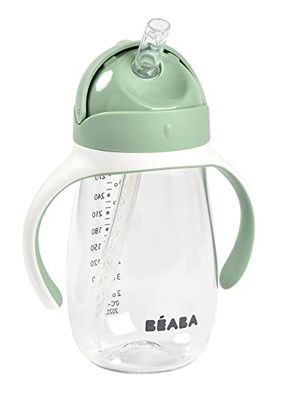 BÉABA Taza de Aprendizaje con Boquilla para Bebe, Biberón 100% hermético, Taza Antigoteo con pajita, Antiderrame, 2 en 1, Asas extraíbles, Resistente, Tritan y silicona, 300 ml, Verde