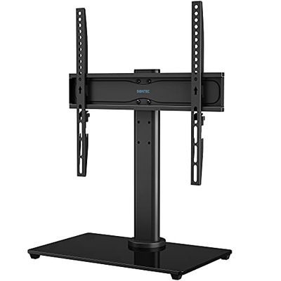 BONTEC TV stand, draaibare TV-standaard voor 26-55 inch LCD, LED, OLED, Plasma, Flat & Curved TV, tot 40KG, One Touch Swivel, Hoogte Verstelbaar (Max. VESA 400x400), Kabelbeheer, Glazen Basis