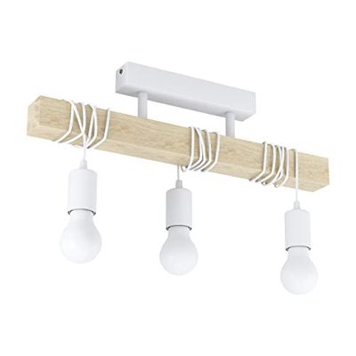 Eglo Candeeiro de teto Townshend, candeeiro de teto vintage de 3 focos em design industrial, candeeiro suspenso retro de aço e madeira, cor branca, castanho, suporte de lâmpada E27