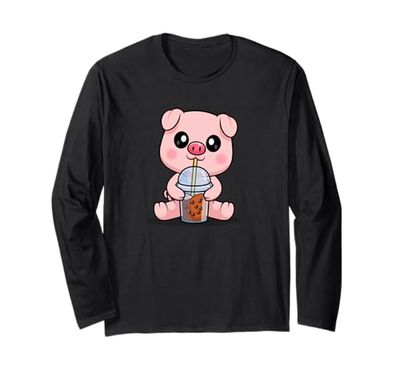 Cute Kawaii Kids Womens Bubble Tea Boba Tea Show Pig Lover Maglia a Manica
