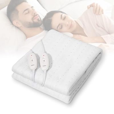 Todeco Dubbele elektrische verwarmde matrastopper, 160 x 140 cm, 120 W, dubbele XXL matrasbeschermer voor 2 personen, 2 bedieningselementen, met 3 temperatuurniveaus, wasbaar