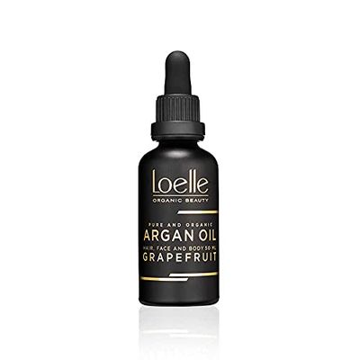 Loelle - Aceite de Argán con Olor y Extracto de Pomelo, Aceite Antiarrugas para Mano, Cara y Pelo, Aceite Corporal Orgánico y Fragante con Vit. E, Aceites de Barba, Colecta Manual en Marruecos 50ml