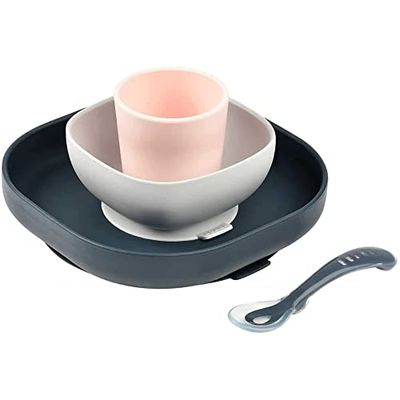 BÉABA, Serviesset van siliconen, met zuignap, antislip, 4-delig, bord + kom + glas + lepel, gezonde en duurzame siliconen, vaatwasmachinebestendig, magnetronbestendig, nachtblauw