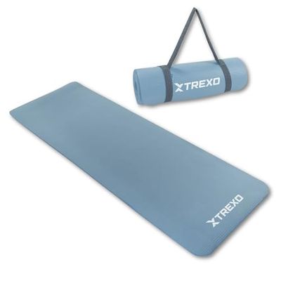 TREXO NBR - Colchoneta de ejercicio en color azul, 183 x 61 cm, material de excepcional durabilidad y flexibilidad, 15 mm de grosor con textura antideslizante, completa con correa, ideal para el