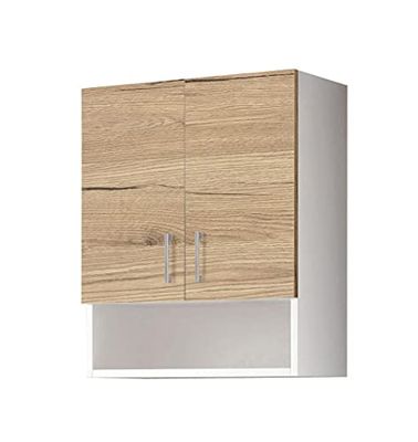 Mama Store AtenalAV podwójna szafka wisząca dąb naturalny z półką na dzień dł. 60 cm x 22 cm 71, materiał drewnopochodny, biały matowy/dąb naturalny, dł. 60 cm x szer. 22 cm x wys. 71 cm