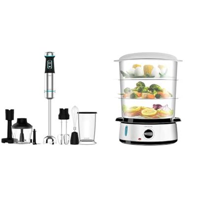 Cecotec Frullatore a Immersione Power Titanblack 1200 XL Perfectcream&Crush, 1200 W, Lame A 4 Lame & Vapovita 3000 Steamer elettrico in acciaio inox con 800 W, 3 contenitori indipendenti