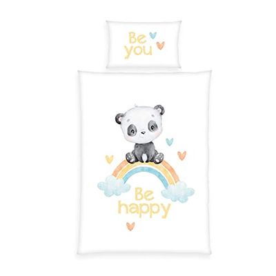 Arc-en-ciel Panda Literie"Made in Green", taie d'oreiller env. 40x60 cm avec taie d'oreiller, housse de couette env. 100x135 cm avec fermeture éclair facile à manipuler, 100% coton, Renforcé