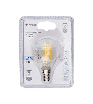 V-TAC Lampadina LED E14 6W P45 Filamento 3000K (Blister 1 Pezzo)