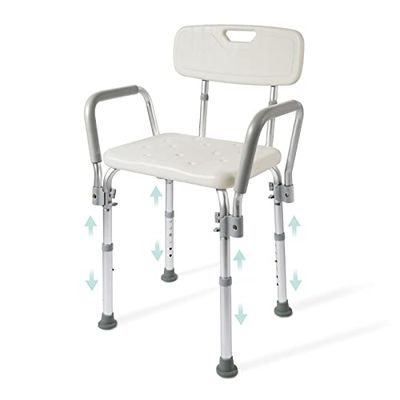 EMKE Duschstol, duschpall för seniorer, duschstol med armstöd och ryggstöd, duschpall, justerbar höjd, upp till 135 kg, vit