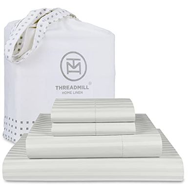 Threadmill hem linne sängkläder kollektion 600 trådtäthet 100% ELS bomull damast randigt lakanset, fållsömmar, 4-delat set, lakan, slät satinväv, full, silver