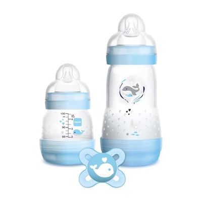 MAM Starterset met 2 flessen Easy Start anti-koliek, 130 ml en 260 ml met speen van SkinSoftTM siliconen, met Start Nano-fopspeen, 0+ maanden, lichtblauw