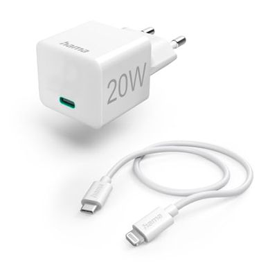 Hama Caricabatterie rapido USB-C 20W + cavo USB-C Lightning (caricatore USB-C Apple, caricatore di corrente USB-C, caricatore mini + cavo Lightning ideale iPhone, iPad, AirPods, Smartphone, PD,