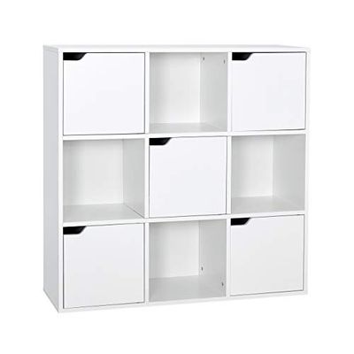 Meerveil Boekenkast wit, 9 kubussen opbergunit, 3-laags boekenplank met 5 deuren, houten plank, organizer, vitrinekast voor woonkamer, slaapkamer, thuiskantoor, 90 x 30 x 90 cm