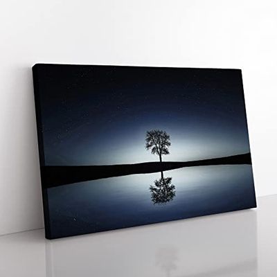 Landscape Lake Dusk Lone Tree No.2 Modern Canvas Wall Art Print Ready to Hang, Framed Picture for Living Room Bedroom Home Office Décor, 50x35 cm (20x14 Inch)