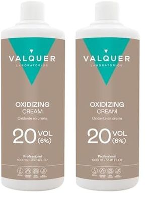 Valquer Profesional Oxigenada Estabilizada en Crema, 20 Volumenes (6%). Coloración capilar permanente. Uso profesional peluquería. Formulación vegana - 1000 Ml (Paquete de 2)