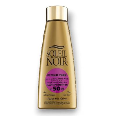 Soleil Noir - Lait Solaire Vitaminé SPF50 Haute Protection Solaire UVA et UVB - Peaux Claires - Actifs Anti-Âge et Vitamines - Fabrication Française - Flacon avec Capsule Twist, 150 ml