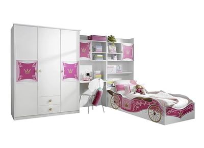 Rauch Meubles Chambre d'enfant Kate Chambre Fille Style Princesse Blanc avec Motif Rose Et Or Ensemble de Pépinière Composé d'une Armoire