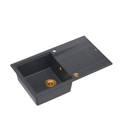 QUADRON Lavello nero e rame | dimensioni 86 x 50 x 21 cm | lavello in granito EVAN 111 a vasca singola | con sifone e scolapiatti manuale | lavello da incasso a 1 vasca