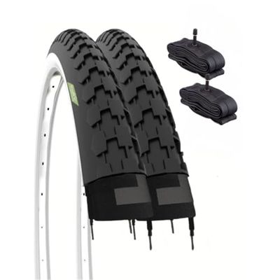 2 banden 26 x 1 1/2 (40-584) + binnenbanden met Schrader-ventiel, banden wit en zwart, van rubber voor vintage Hollandse fietsen