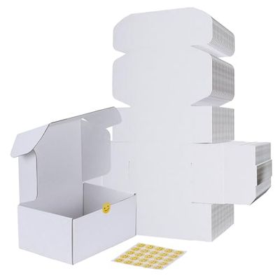RLAVBL 25 Pack Shipping Boxes 229x153x102 mm, White Cardboard Box with Smiling Faces Stickers, Ideal for Storage, Transport and Small Businesses