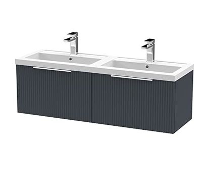 Hudson Reed DFF1494C Fluted Modern Bathroom Wall Hung 2 Drawer Double Vanity Basin Unit with Twin Polymarble Basin, 1200mm, Soft Black
