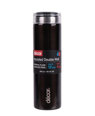 Décor Double Wall Stainless Steel Travel Mug - Keeps 4 Hours Hot - 12 Hours Cold - Car Cup Holder Compatible - Removable Screw Top Lid - 300ml Black
