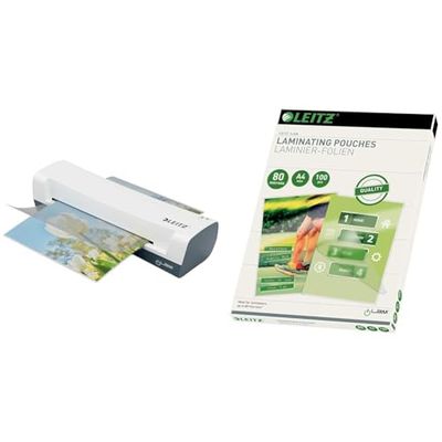 Leitz iLAM Home Laminator, Vit A4-lamineringsmaskin, Snabb Uppvärmningstid på Tre Minuter, Fickor med 75-125 Mikron, Startpaket med Fickor, 74310001 & Leitz 33808 Lamineringsfolier, Paket med 100