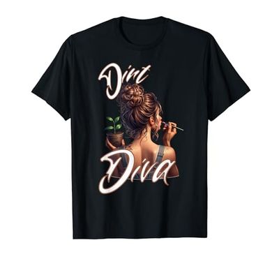 "Dirt Diva" Moño desordenado Señora Poner Lápiz Labial Sosteniendo Planta Camiseta