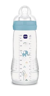 MAM Biberão, a partir de 4 meses, 330 ml, com Tetina 3 de fluxo rápido de silicone de fácil aceitação, fácil de segurar, fácil de limpar, MAM Easy Active, azul brilhante, pack de 1 unidade