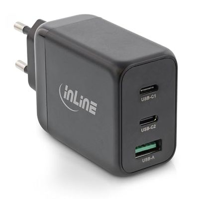 InLine USB-oplader 3-poort, 2x USB-C, 1x USB-A, GaN-technologie, 65W, snellader, PD3.0, QC 4+, voeding voor MacBook Pro/Air, iPhone/Pro/mini, iPad Pro, Pixel en meer, zwart, 31506F