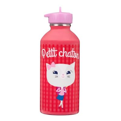 DRAEGER PARIS 1886 - Gourde Enfant Acier Inoxydable 300ml - Rouge Petit Chaton - Réutilisable & Écologique - Facile à Nettoyer - Design Coloré & Durable - École & Sport - Taille Compacte & Robuste