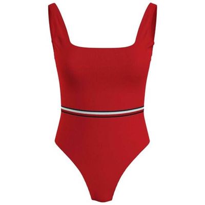 Tommy Hilfiger Dames vierkante hals één stuk primair rood S, Primair Rood, S