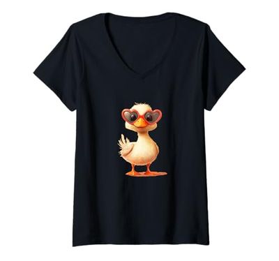 Womens Young Duck with Funny Heart Sunglasses Costume V-Neck T-Shirt