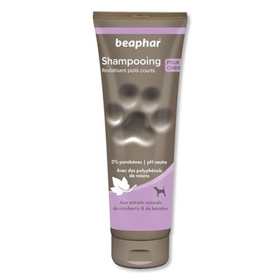 BEAPHAR – Shampoing premium revitalisant pour chien aux poils courts – Aux extraits naturels de cranberry & de kératine – Fortifie, tonifie et protège le pelage – pH neutre et sans parabens – 250 ml