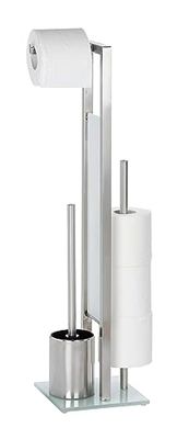 WENKO Combiné WC Rivalta | 3 en 1 | Brosse WC et Dérouleur Papier Toilette | Stockage Papier | Tête de Brosse remplaçable | Acier INOX Mat et Verre trempé Noir| 18x70x23 cm | INOX Mat