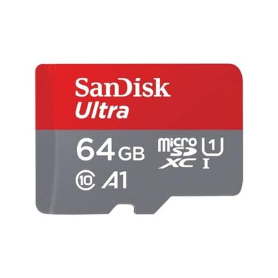 SanDisk Ultra 64 GB microSDXC Memory Card + SD Adapter with A1 App Performance Up to 120 MB/s, Class 10, U1, Red/Grey