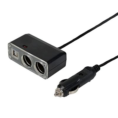 TURBOCAR - Oplader voor sigarettenaansteker - Stekkerdoos voor sigarettenaansteker - Met dubbele USB-poort en 2 poorten 12V + 2 USB 5V 1000mA poorten - Lengte: 1.25m - Geschikt voor het opladen van