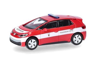 herpa Voiture Miniature VW ID.3 « Feuerwehr Nürnberg » (Pompiers Nuremberg), échelle 1:87, pièce de Collection, fabriquée en Allemagne, modèle en Plastique