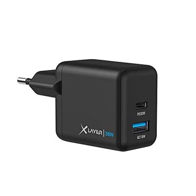 XLayer Powercharger USB-C snabbladdare I 38 W PD I 2-port I strömförsörjning kompatibel med MacBook Pro/Air, iPhone 15 Pro Max/15/14 Pro Max/14/13, iPad Pro, Galaxy S23 Ultra/S22, Lenovo