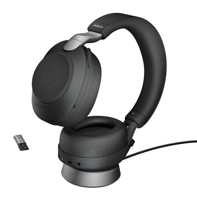Jabra Evolve2 85 bezprzewodowy zestaw słuchawkowy ze stojakiem do ładowania – redukcja szumów słuchawki stereo z certyfikatem UC z długotrwałą baterią – adapter USB-A Bluetooth – kolor czarny