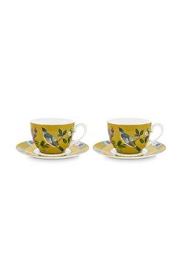 Pip Studio Set van 2 cappuccinokopjes met schoteltjes Blushing Birds | Geel - 280 ml