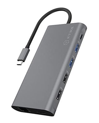 ICY BOX Station d'accueil USB-C (12-en-1) avec 2x HDMI & 1x DP, Docking Station USB-C pour Ordinateur Portable (Gigabit Ethernet, 4 Ports USB 3.0, PD 100W), IB-DK4050-CPD
