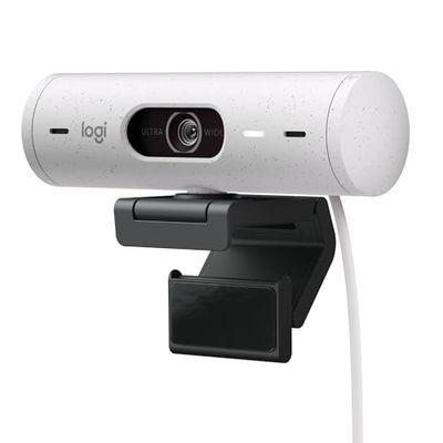 Logitech Brio 500 Webcam Streaming HD avec Expo Auto, Mode ’Show’, Deux Micros à Réduction de Bruit, Clapet Webcam Confidentiel, Compatible Microsoft Teams, Google Meet, Zoom, Câble USB-C - Blanc