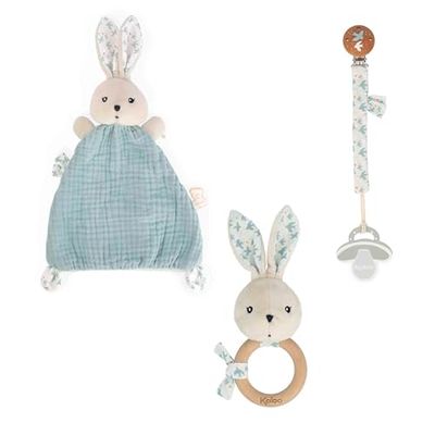Kaloo – Coffret Cadeau Naissance Bébé - 3 Pièces : Doudou Lapin 22 cm + Hochet + Attache Tétine – Joli Imprimé Colombe – Dès la Naissance – K390042