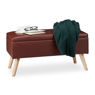Relaxdays Banco de armazenamento 40 l, acolchoado, pernas de madeira, couro sintético, 40 x 80 x 39,5 cm, assento, castanho