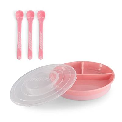 Twistshake Barnservis Set | 3-delad tallrik + Bebisskedar 3-pack | BPA-fri Barntallrik och Barnbestick | Matträningskit för barn | Barnmatsset | Bebisprodukter | Rosa