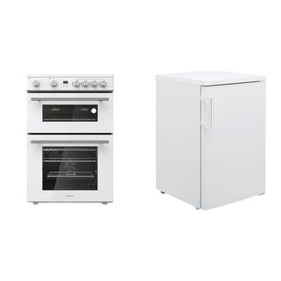 Hisense HDE3211BWUK 60cm Electric Cooker with Ceramic Hob-White A Rated Double Oven - White & RL170D4BWE Freestanding 56cm Under Counter Fridge - 132 litre capacity - Auto Defrost